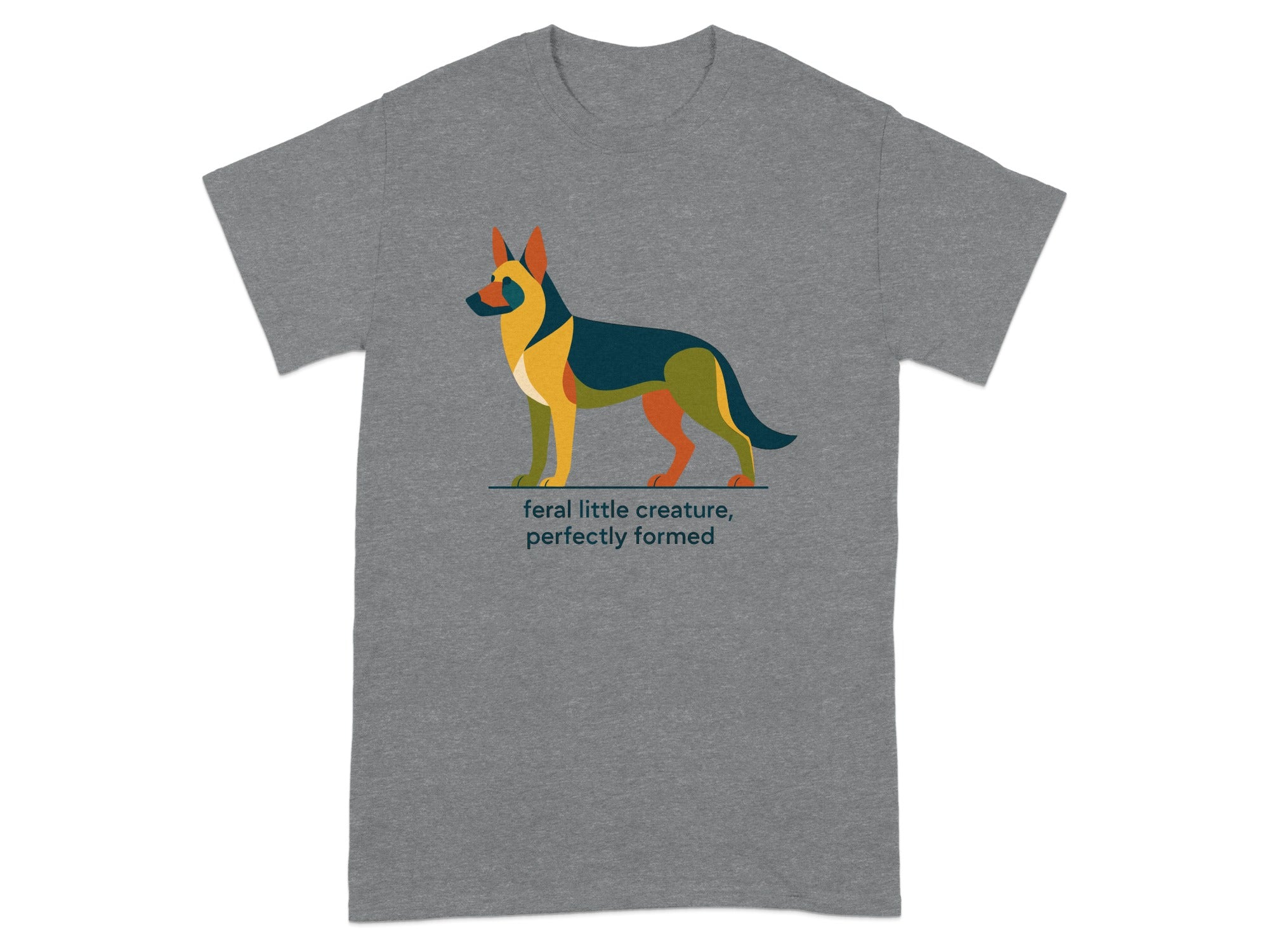 Abstract German Shepherd illustration with text "feral little creature, perfectly formed".