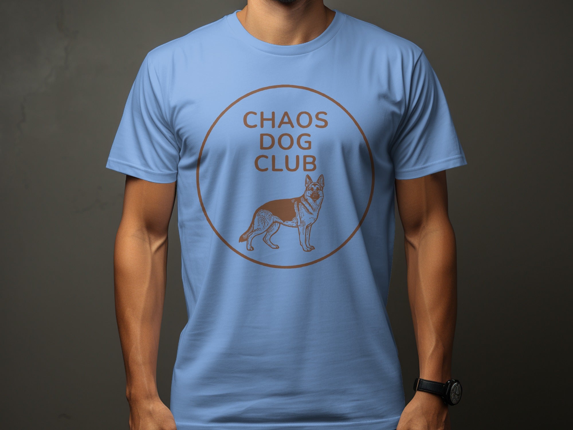 Blue t-shirt with "Chaos Dog Club" and German Shepherd illustration.