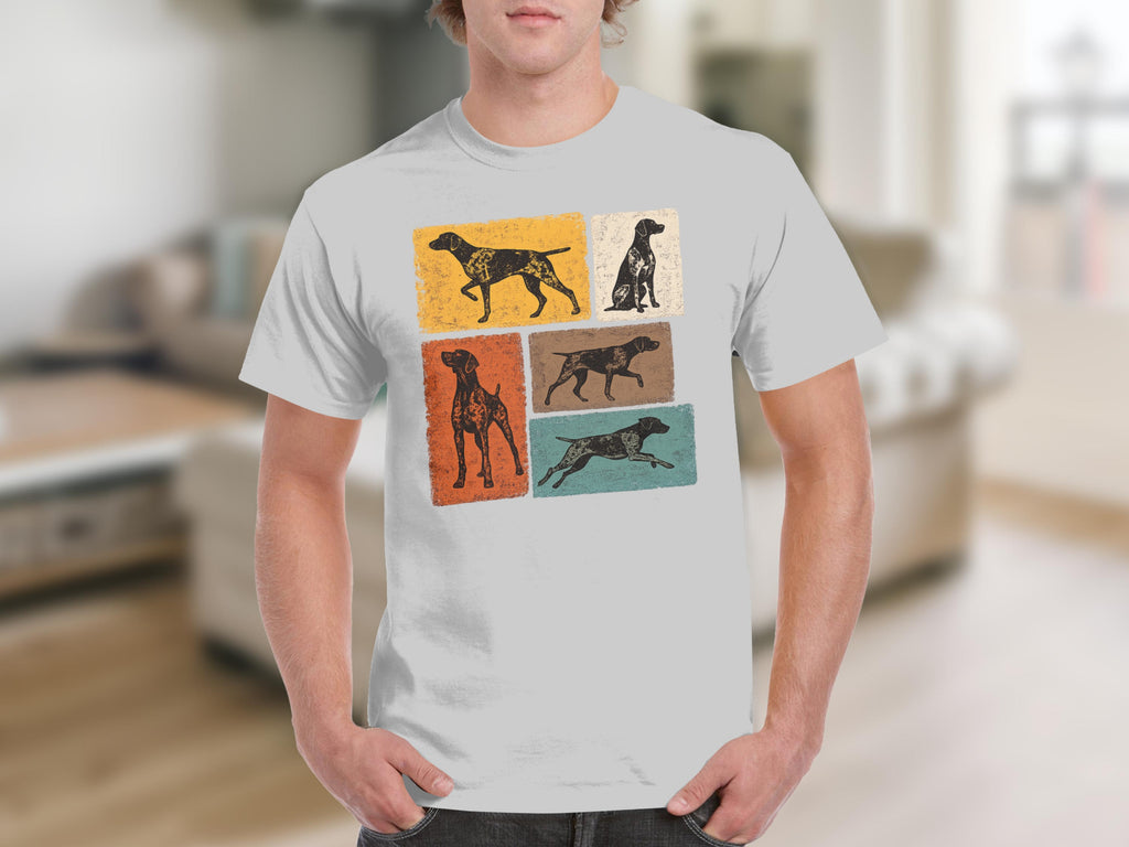White t-shirt with vintage graphic of four German Shorthaired Pointers in different poses.