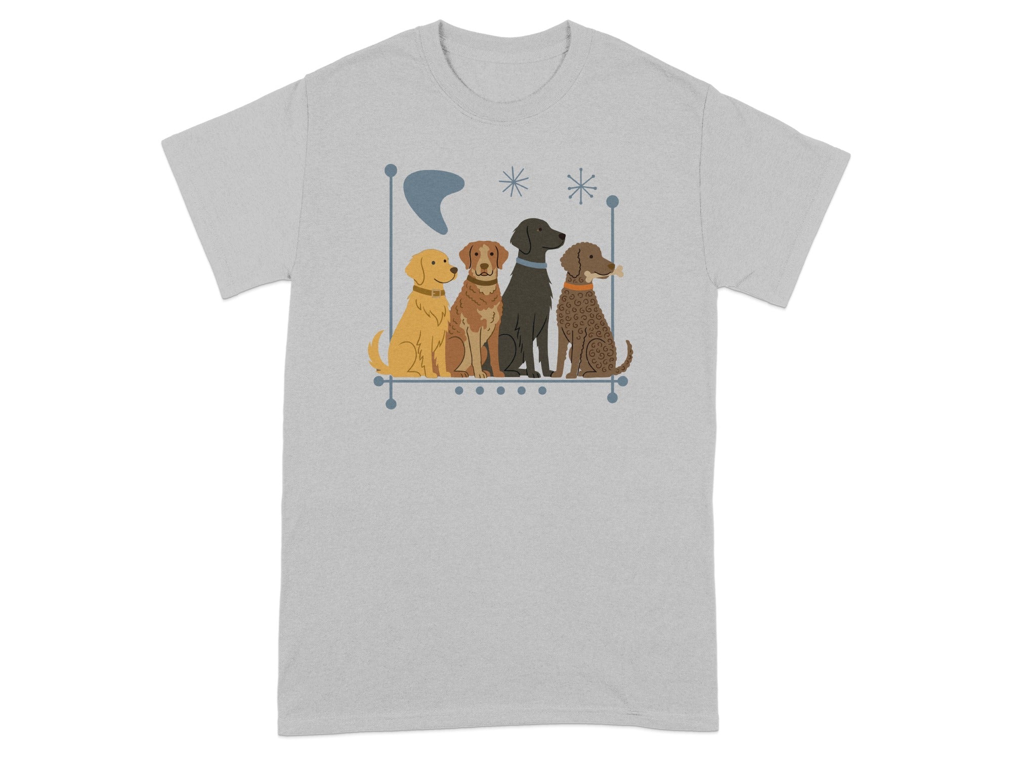 Four dogs of different breeds sit in a row on a ledge, with abstract shapes above.