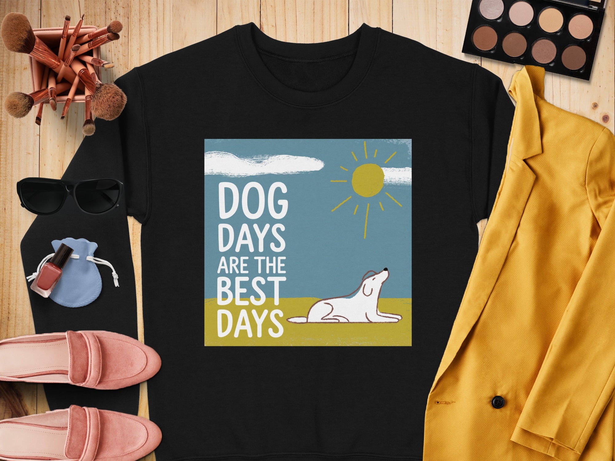 Black crewneck sweatshirt with "DOG DAYS ARE THE BEST DAYS" text and a dog under the sun.