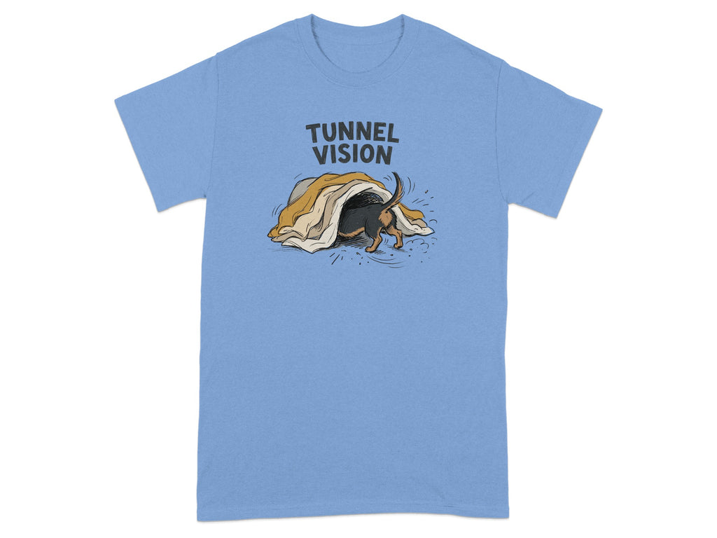 Beagle puppy peeking out from under a blanket with "TUNNEL VISION" text.