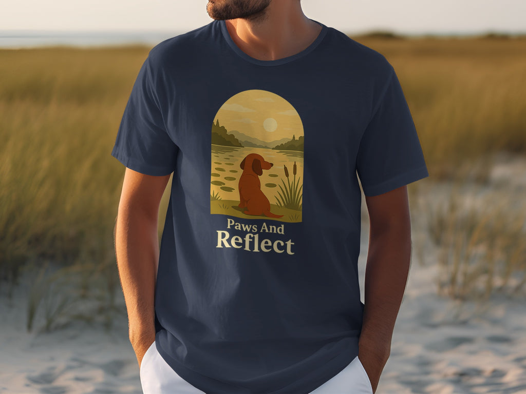Navy t-shirt with graphic of dog by lake, text "Paws And Reflect".
