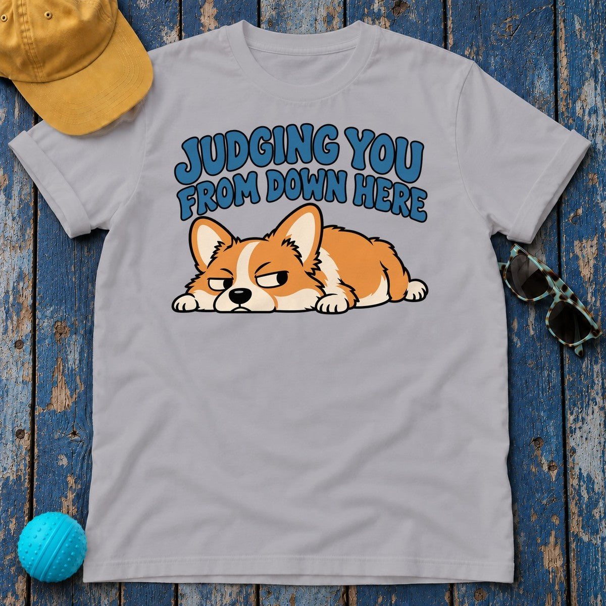 Judging You From Down Here Corgi T-Shirt in Athletic Heather - flat lay