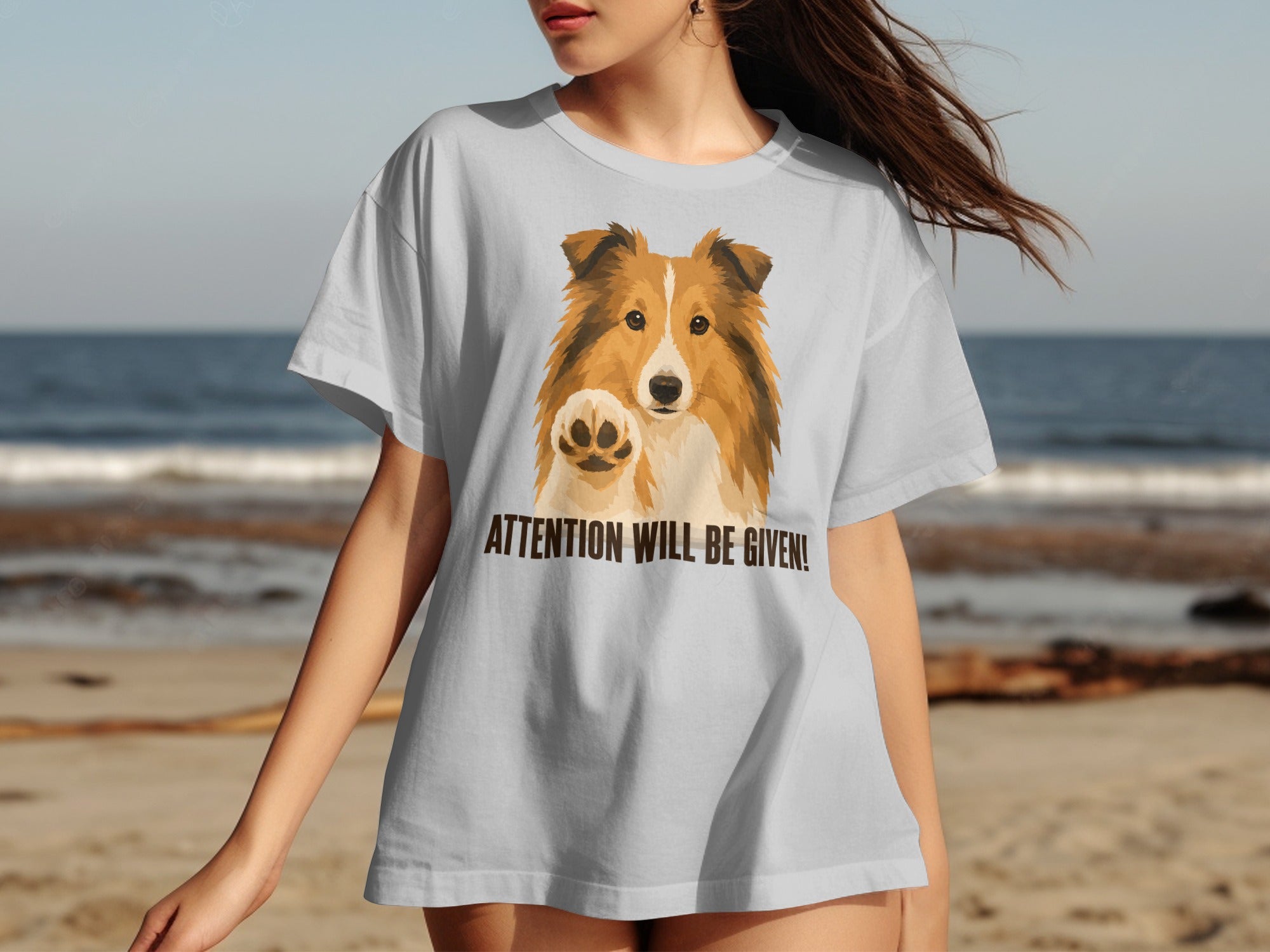 Light gray t-shirt with a dog and "ATTENTION WILL BE GIVEN!"