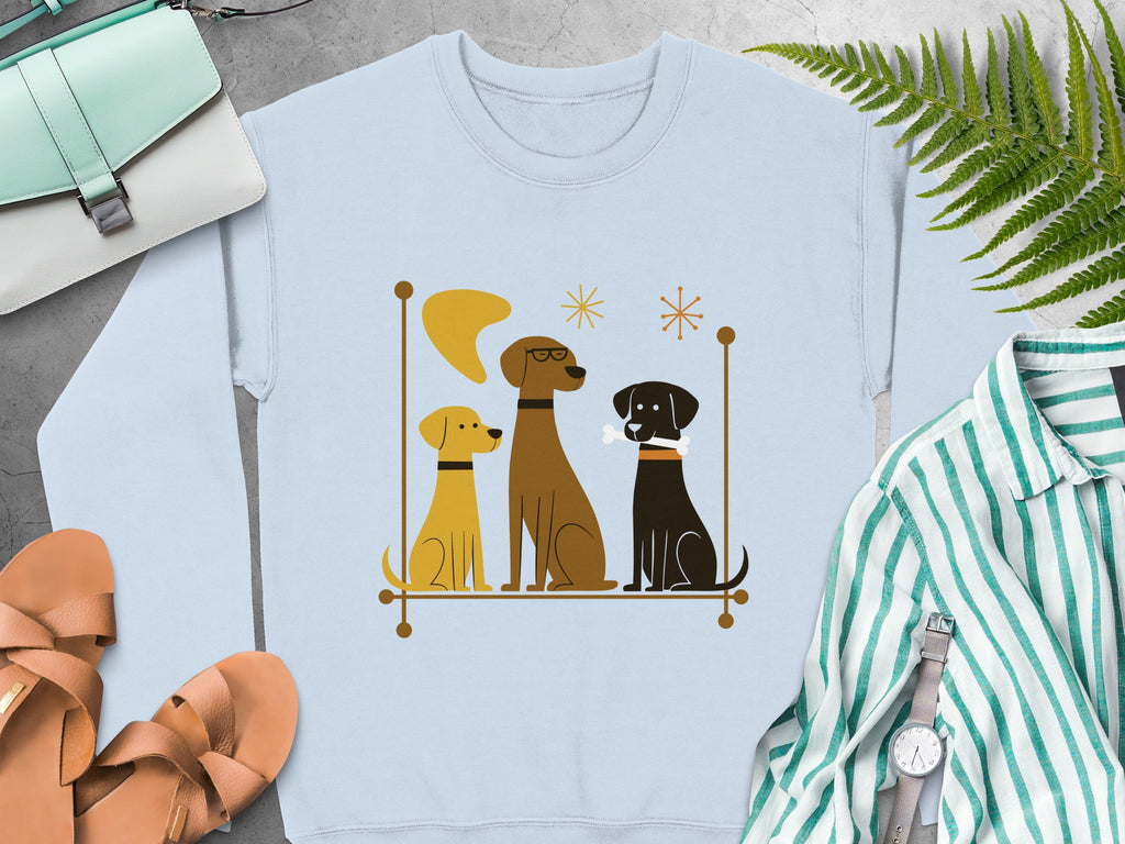 Three dogs sitting together with a bone, against a light blue background.