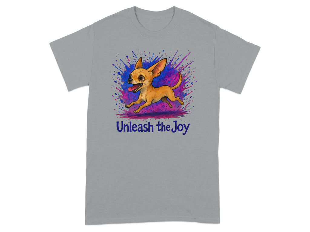 Gray t-shirt featuring a chihuahua running with colorful splatters and the text "Unleash the Joy."