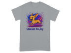 Gray t-shirt featuring a chihuahua running with colorful splatters and the text "Unleash the Joy."