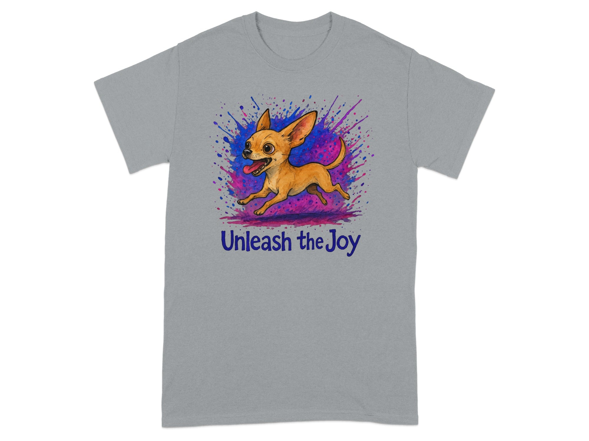 Gray t-shirt featuring a chihuahua running with colorful splatters and the text "Unleash the Joy."
