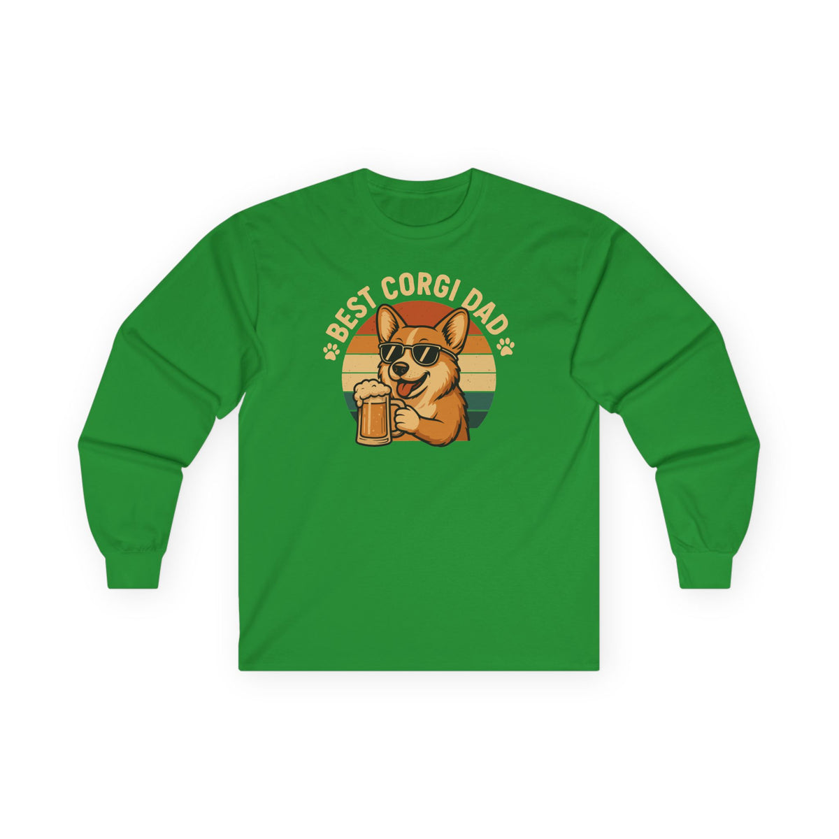 Best Corgi Dad Beer Lover Dog Retro Style Art Long Sleeve Tee in Irish Green