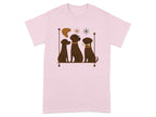 Three cartoon brown dogs sit on a shelf with abstract shapes and stars.