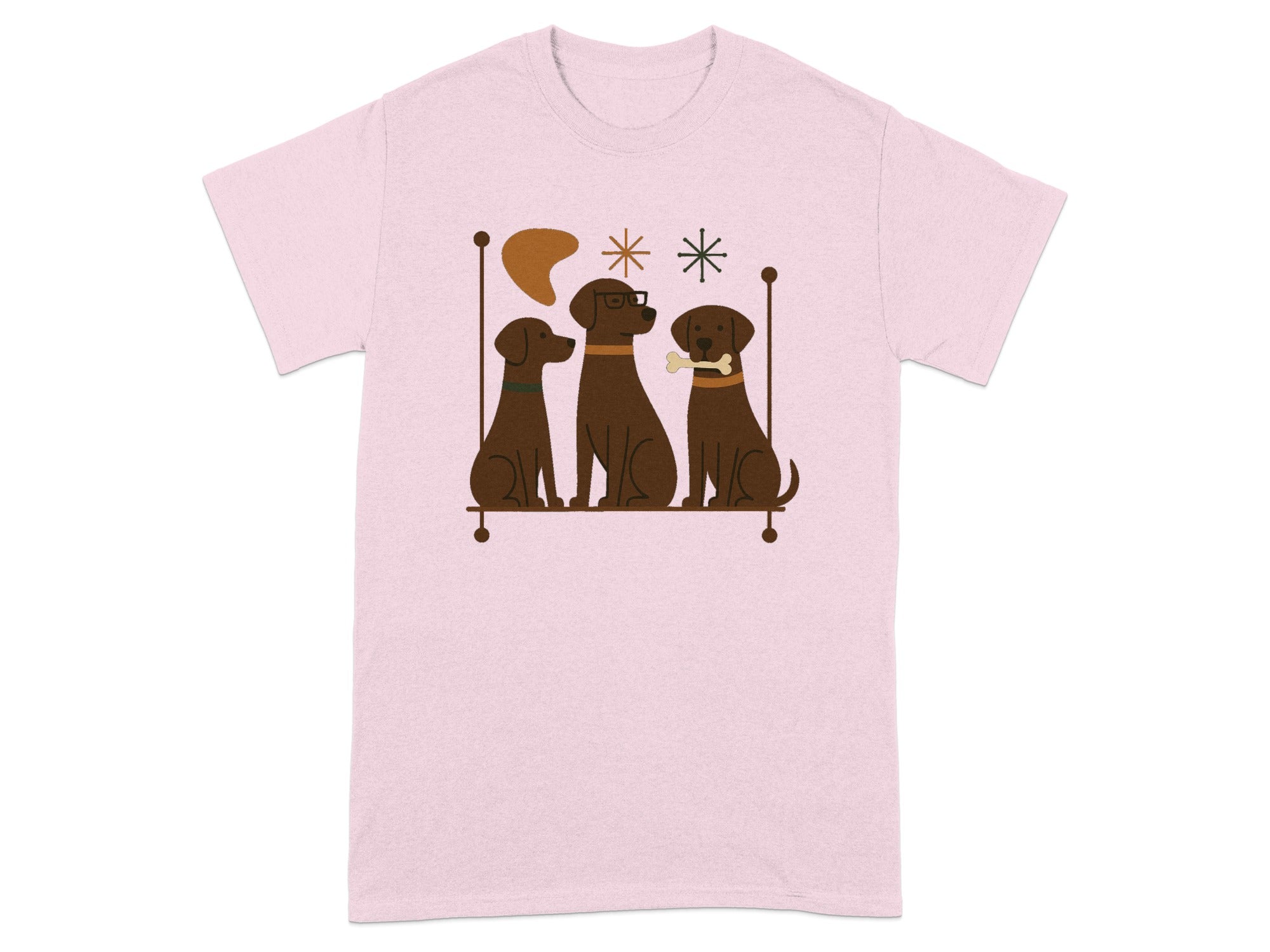 Three cartoon brown dogs sit on a shelf with abstract shapes and stars.