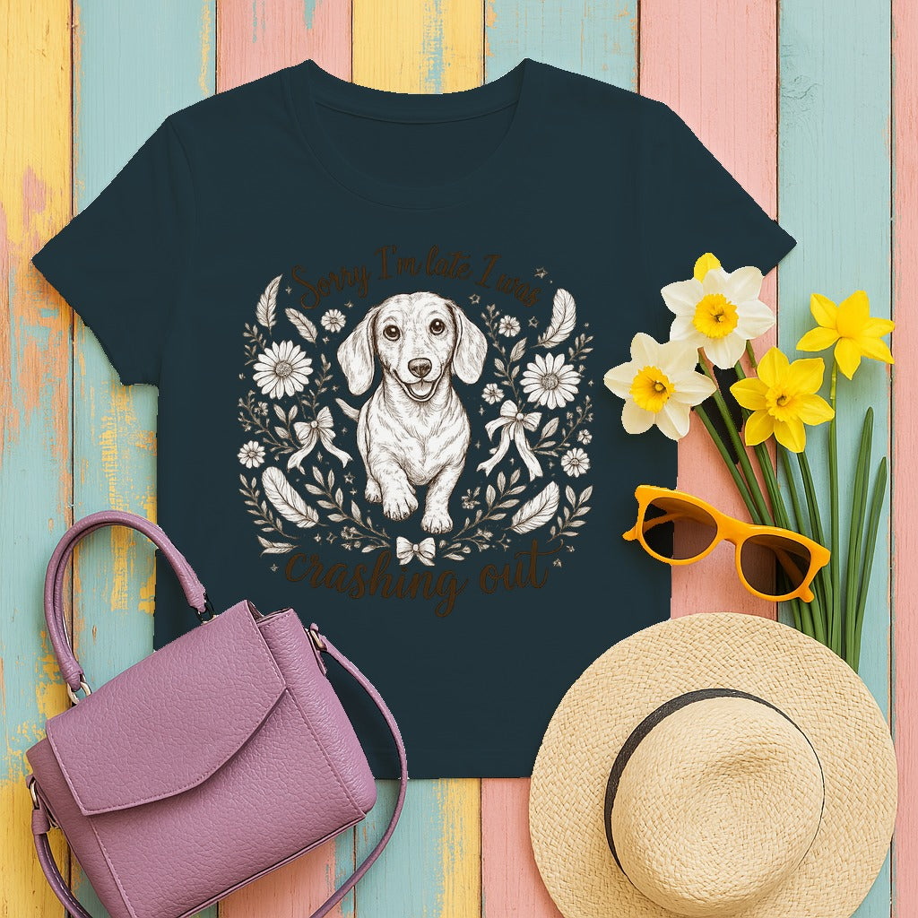 Whimsical Dachshund 'Crashing Out' T-Shirt in Midnight