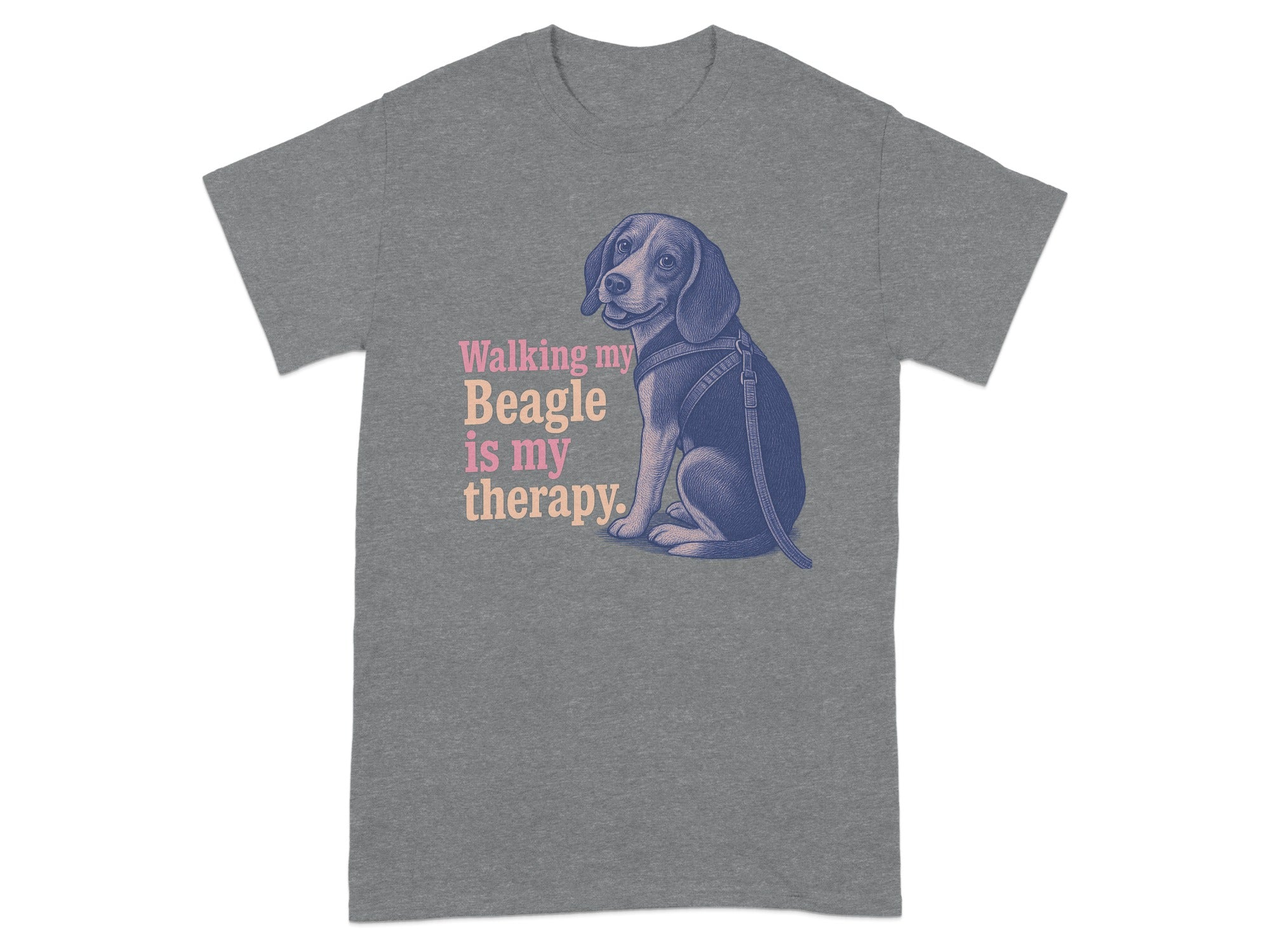 Grey t-shirt with beagle illustration and "Walking my Beagle is my therapy" text.