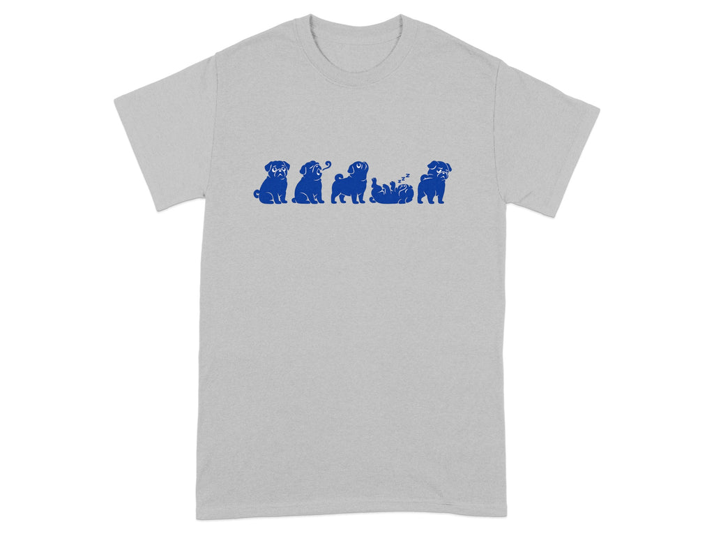 Grey t-shirt with a blue graphic of five pugs in various poses.