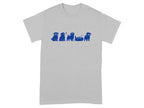 Grey t-shirt with a blue graphic of five pugs in various poses.