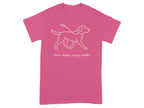 Pink t-shirt with line drawing of dog on leash and text "Slow down, enjoy walks".