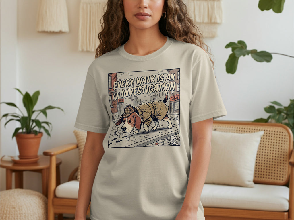 Beagle dog wearing detective hat and trench coat on comic street, "Every walk is an investigation" text.