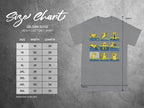 Gildan 5000 Heavy Cotton t-shirt size chart with dog tennis graphics, measured in inches.