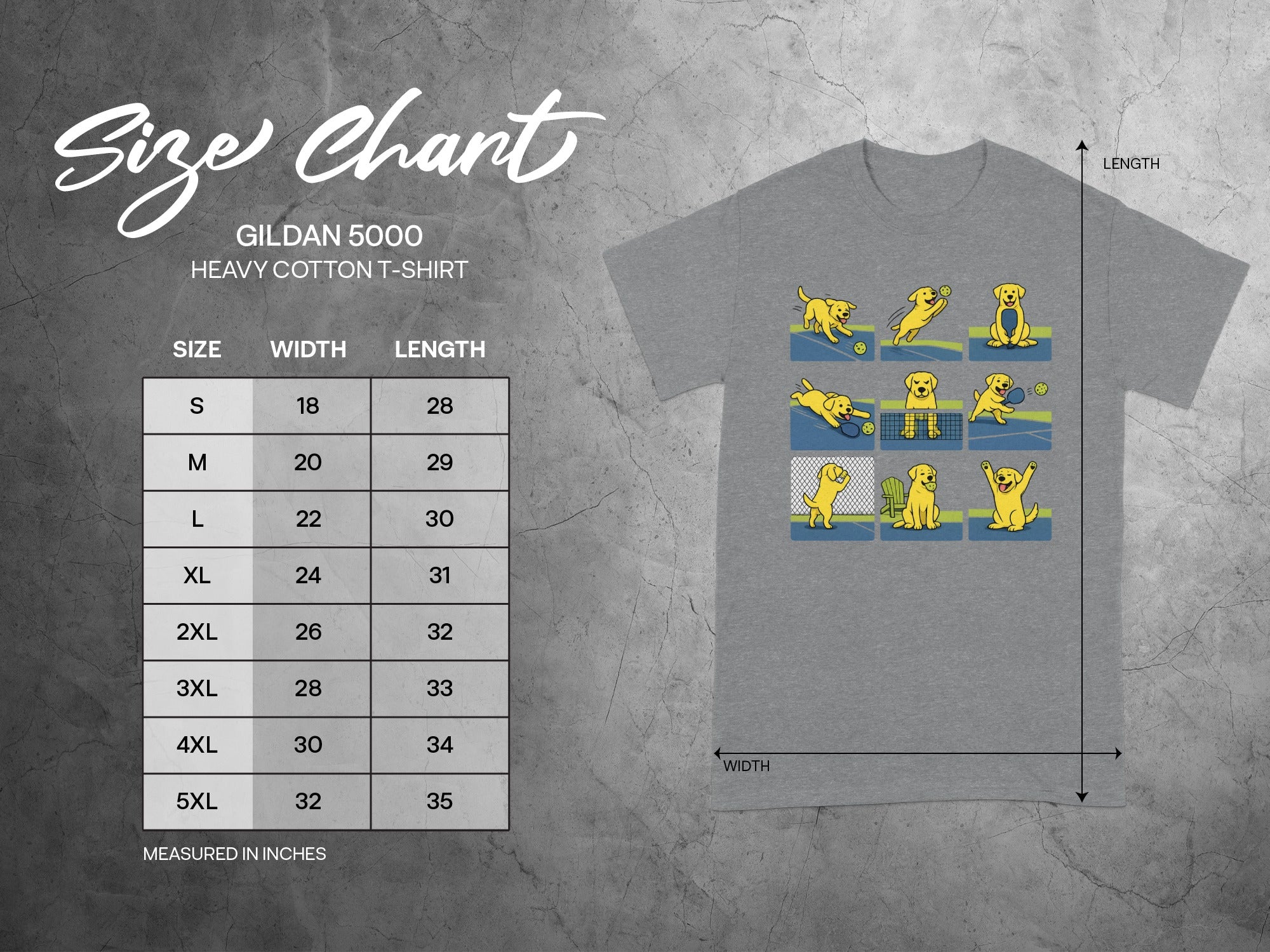Gildan 5000 Heavy Cotton t-shirt size chart with dog tennis graphics, measured in inches.