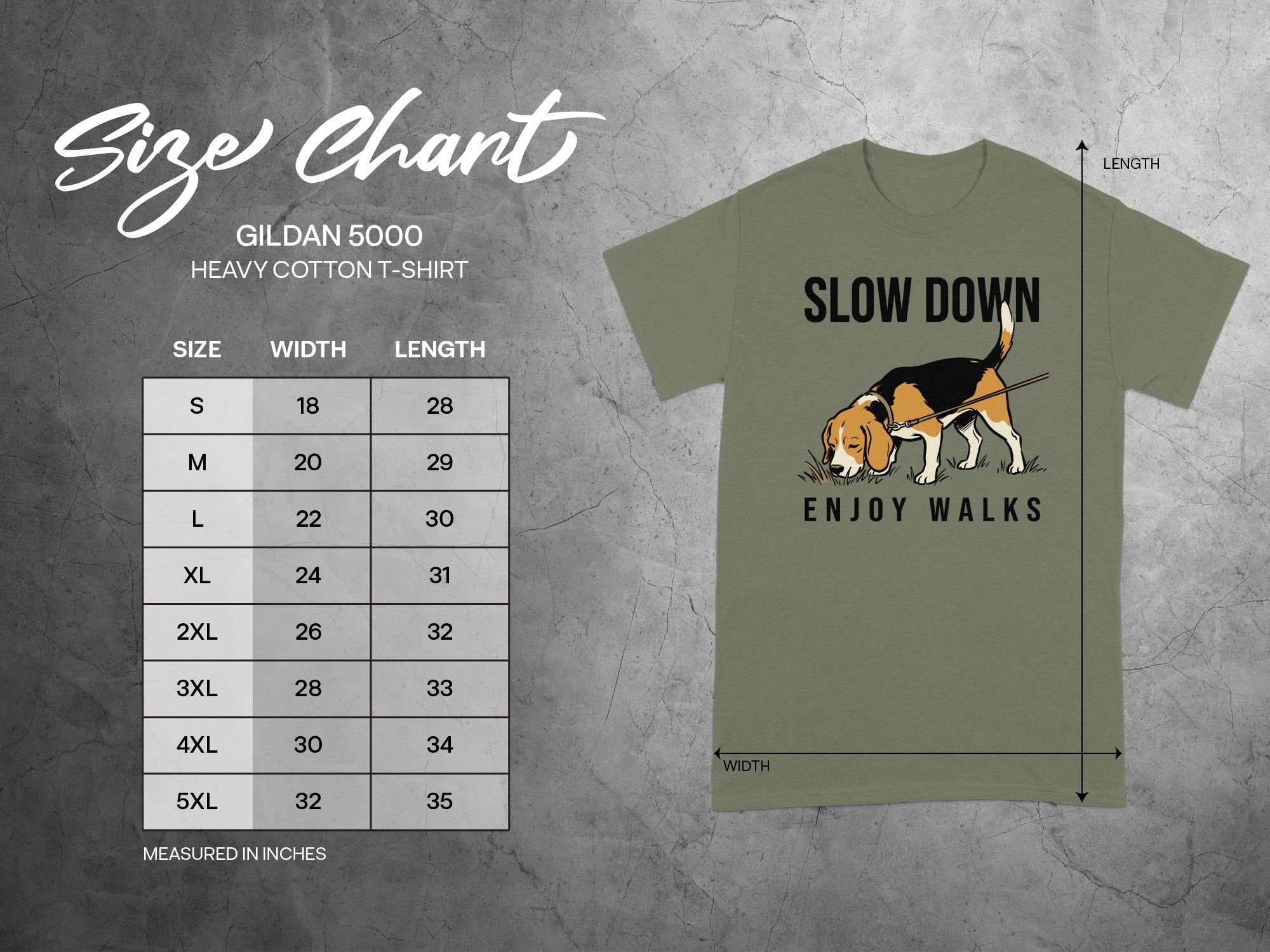 Gildan 5000 size chart for heavy cotton t-shirts with dog graphic.