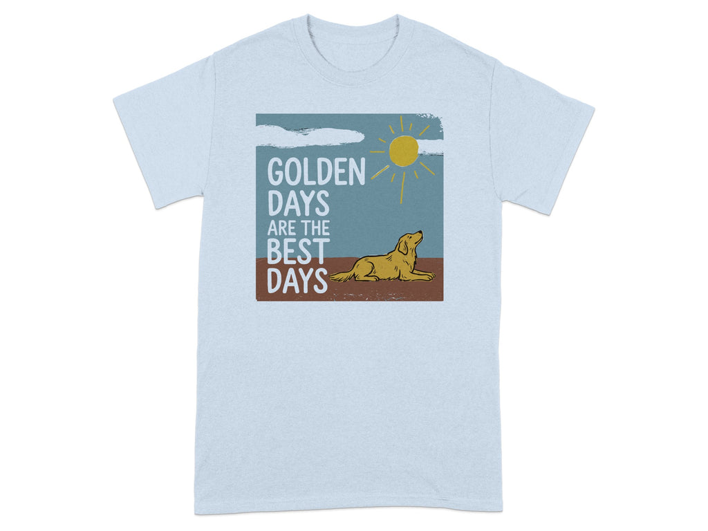 Light blue t-shirt with graphic of golden retriever, sun, and text "GOLDEN DAYS ARE THE BEST DAYS".