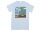 Light blue t-shirt with graphic of golden retriever, sun, and text "GOLDEN DAYS ARE THE BEST DAYS".