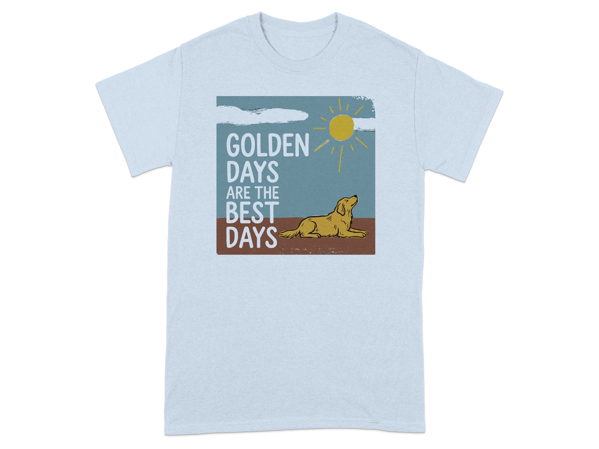 Light blue t-shirt with graphic of golden retriever, sun, and text "GOLDEN DAYS ARE THE BEST DAYS".