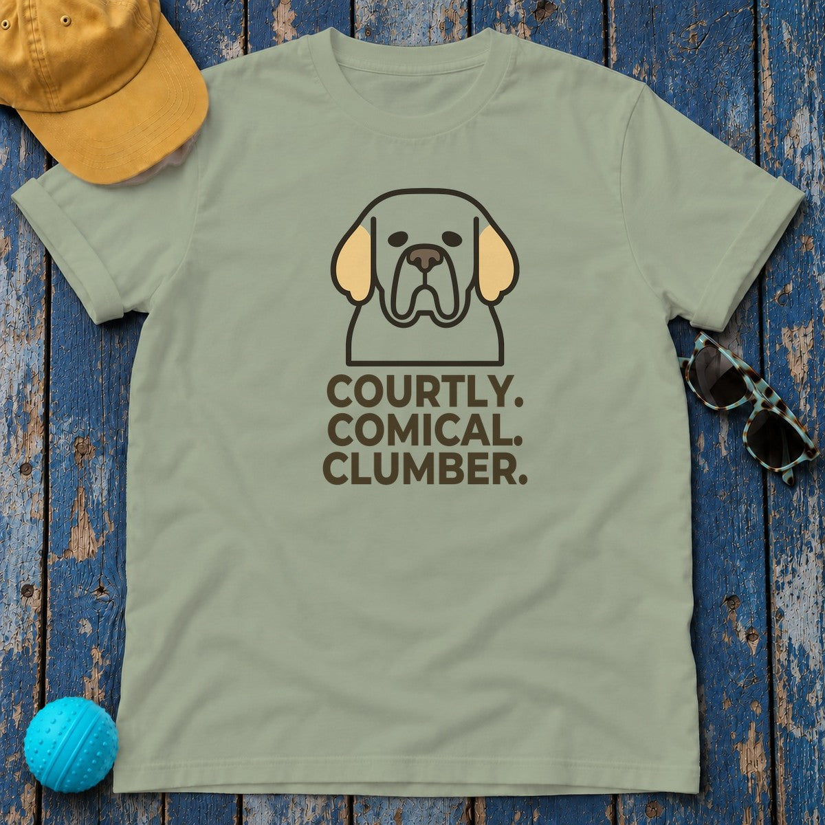 Courtly. Comical. Clumber. Clumber Spaniel T-Shirt in Sage