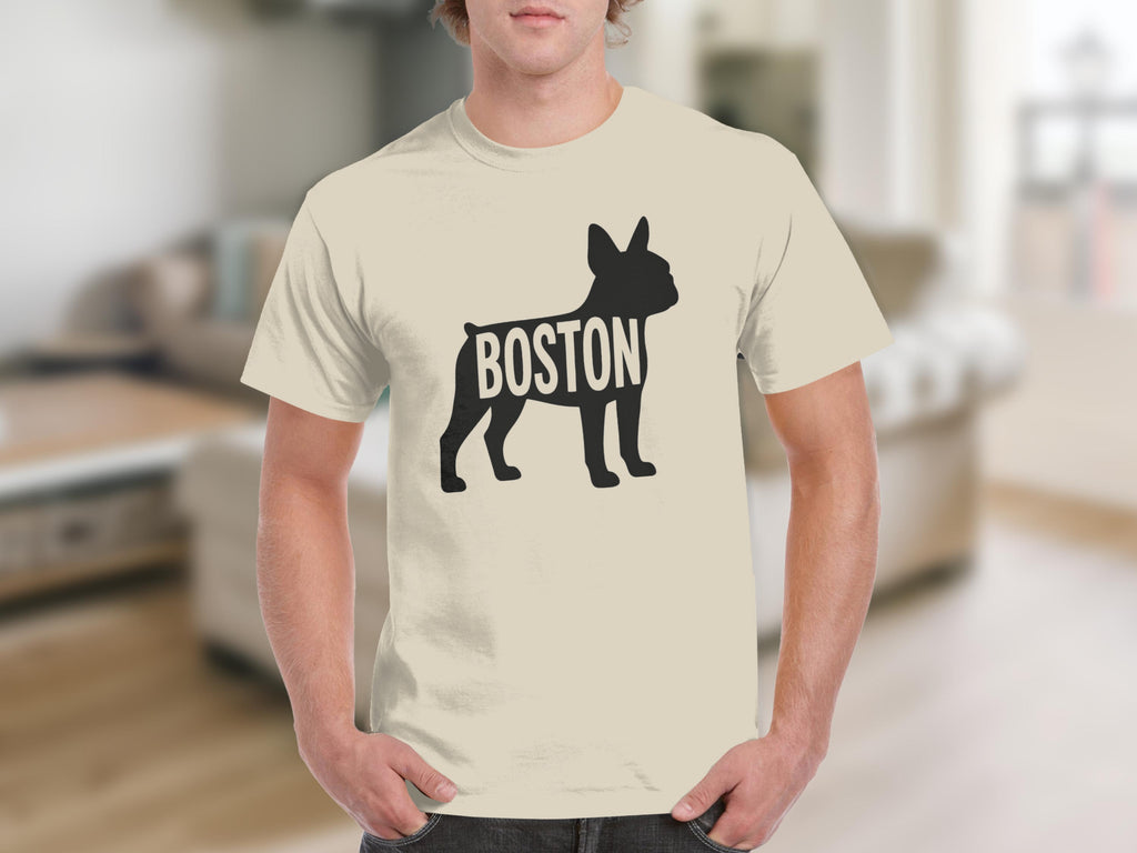 Black silhouette of a French bulldog with "BOSTON" written across its body.