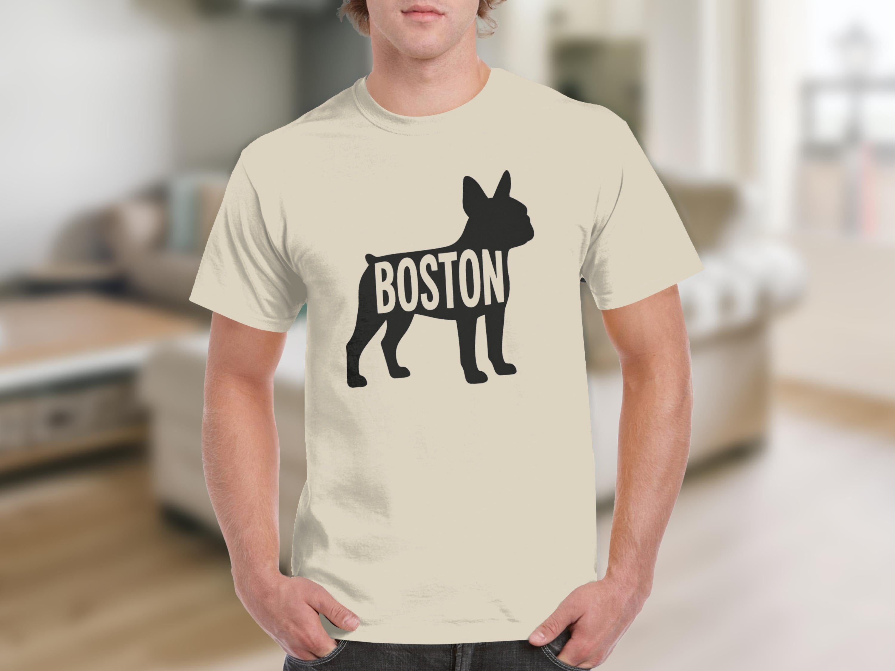 Black silhouette of a French bulldog with "BOSTON" written across its body.