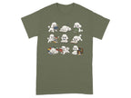 Cute poodles reading books in various poses on a green t-shirt.