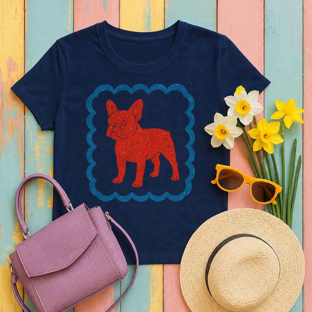 French Bulldog in Decorative Border Graphic Design T-Shirt in Navy
