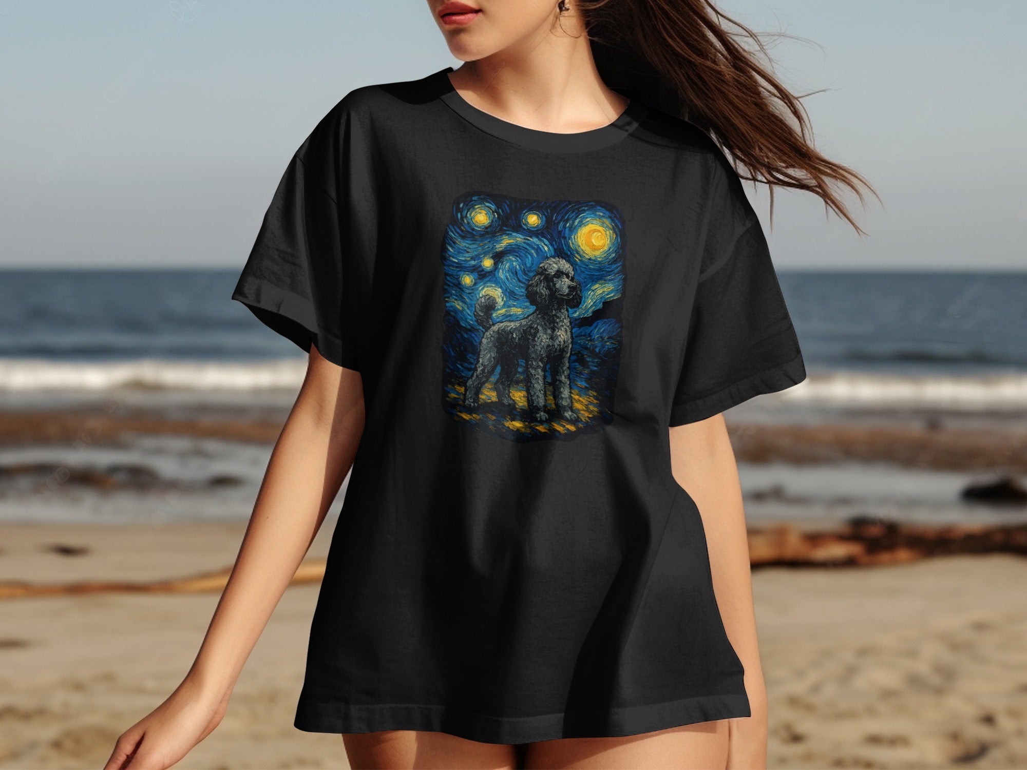 Starry Night Dog Art Print on Black T-shirt