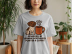 German Shorthaired Pointer and coffee graphic on a gray t-shirt reading "POWERED BY GERMAN SHORTHAIRED POINTER & COFFEE".