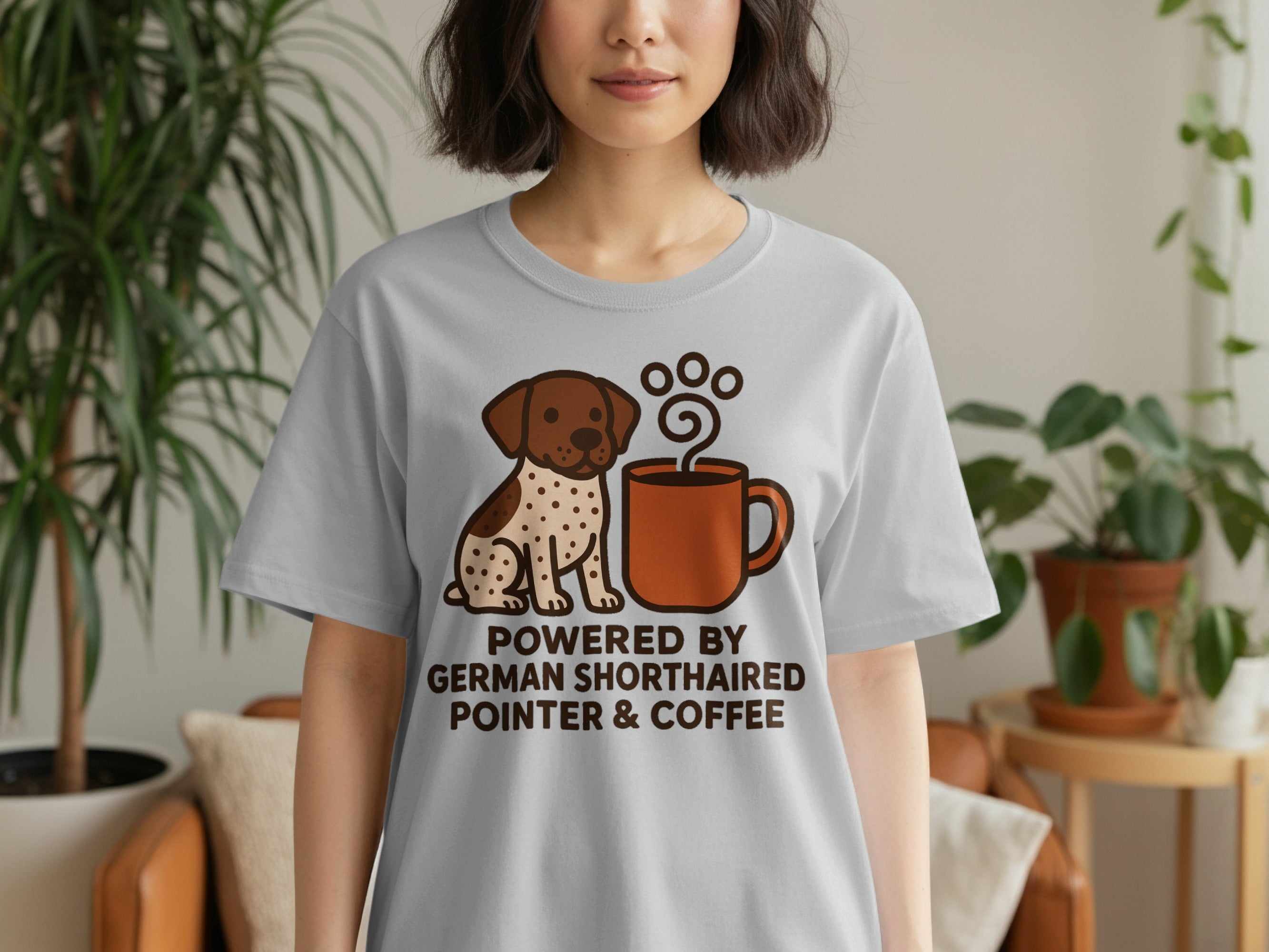 German Shorthaired Pointer and coffee graphic on a gray t-shirt reading "POWERED BY GERMAN SHORTHAIRED POINTER & COFFEE".