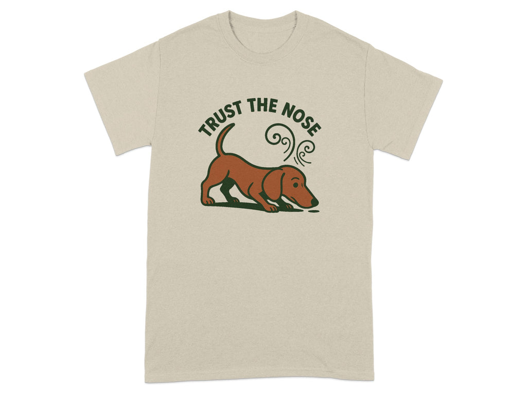 Light tan t-shirt with brown dachshund and text "TRUST THE NOSE".