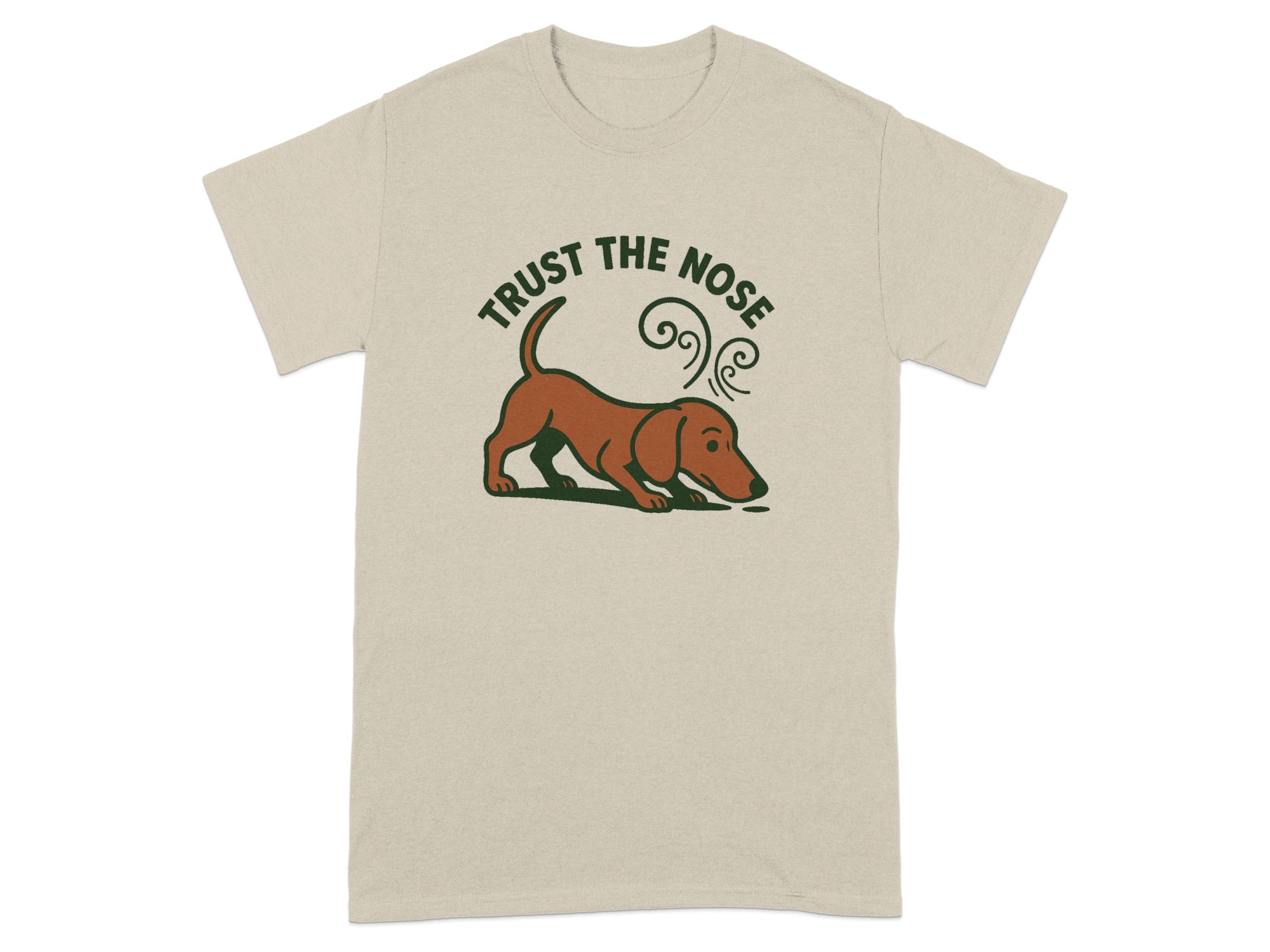 Light tan t-shirt with brown dachshund and text "TRUST THE NOSE".