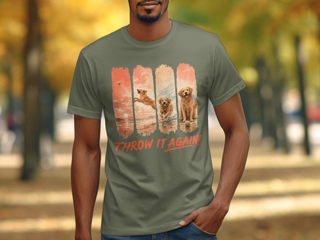 T-shirt featuring golden retrievers playing fetch on beaches, with text "THROW IT AGAIN!".