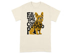 French bulldog wearing a t-shirt that says "Full-time couch potato".