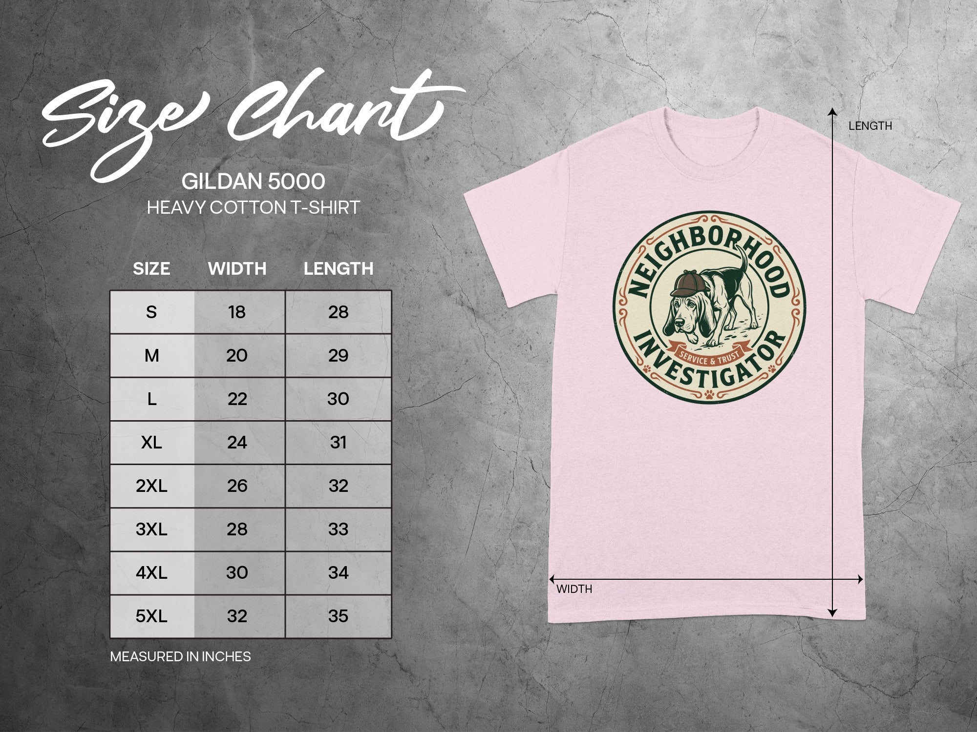 Gildan 5000 t-shirt size chart for Neighborhood Investigator shirt.