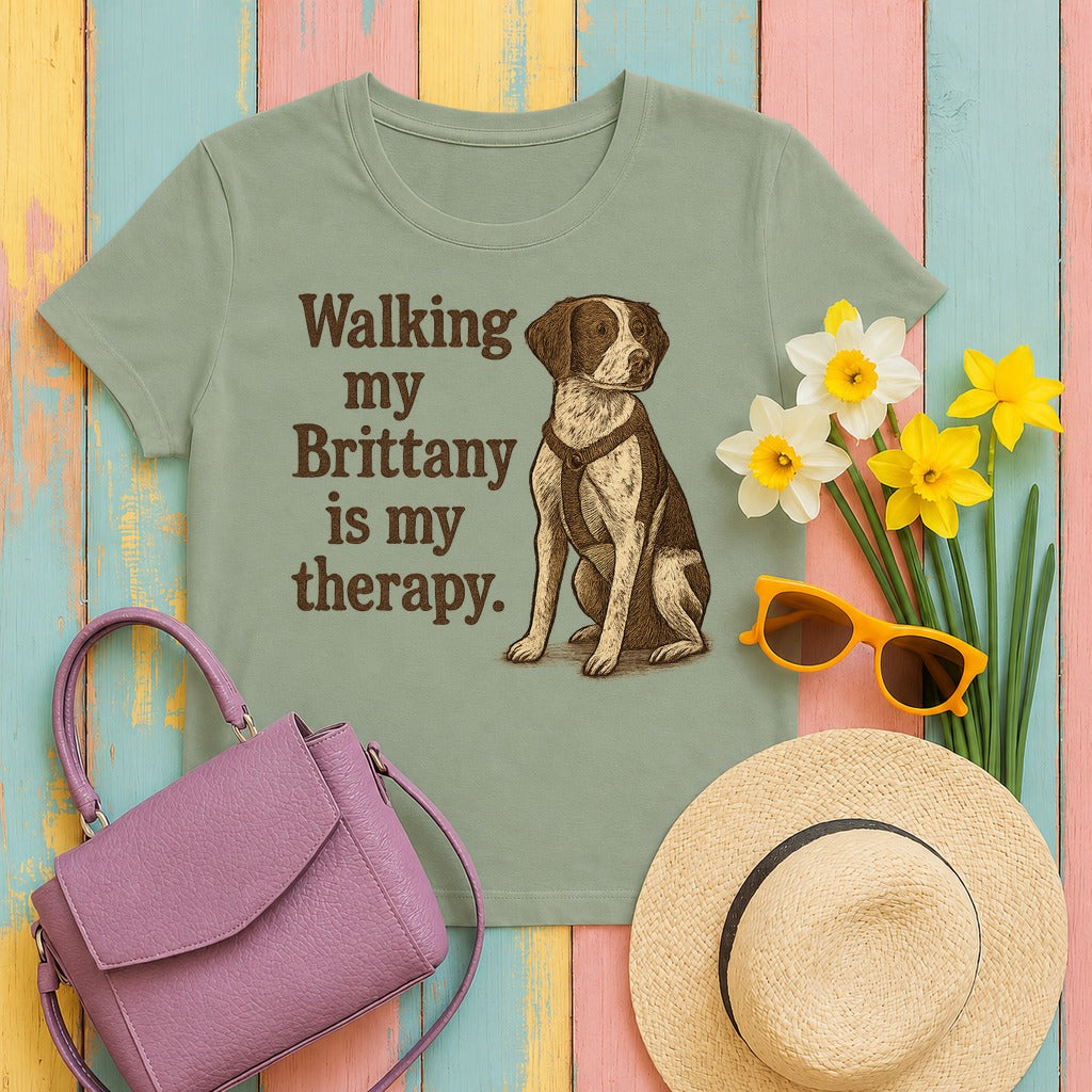 Walking My Brittany Is My Therapy T-shirt in Sage