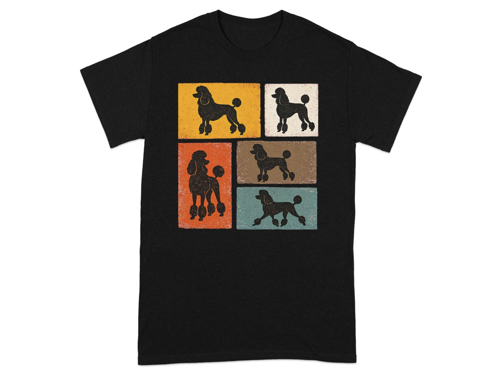A black t-shirt with a graphic of five poodles on colored, textured squares.