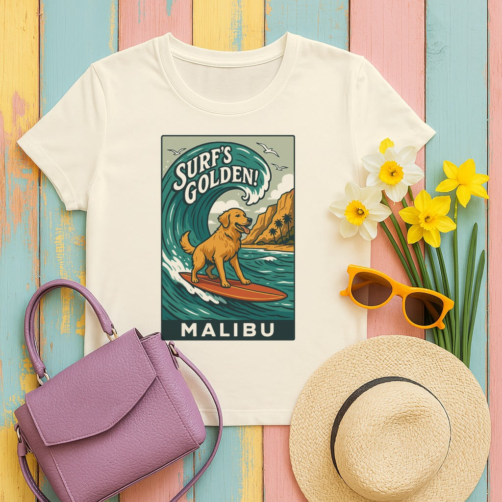 Surf's Golden Malibu Surfing Golden Retriever Dog T-Shirt in Natural