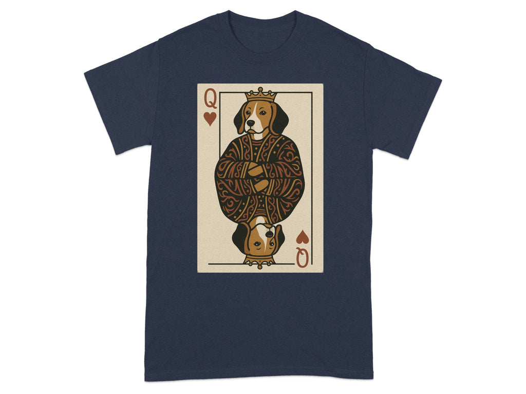 Queen of Hearts dog on a playing card graphic on a navy t-shirt.