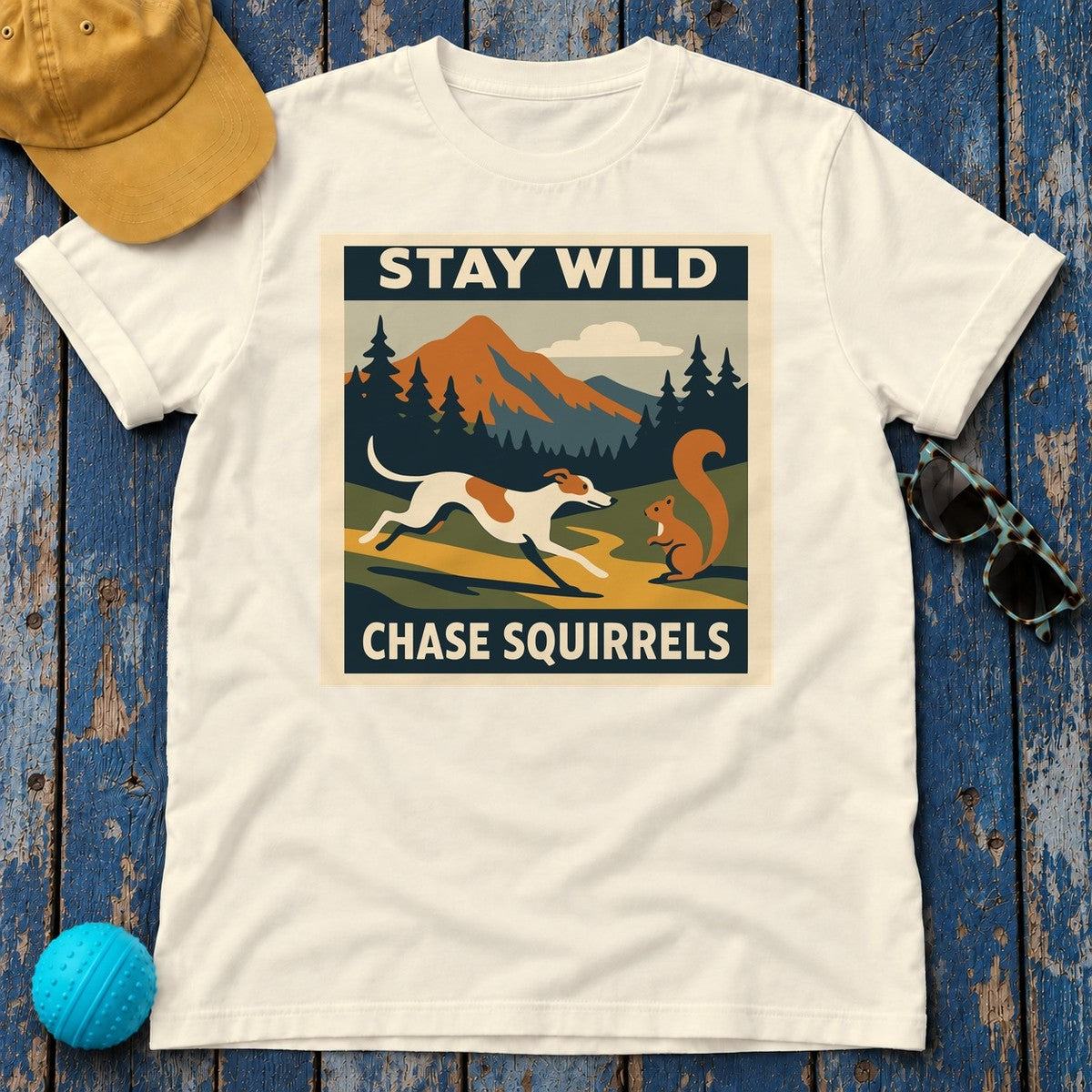 Greyhound Stay Wild Chase Squirrels Tee in Natural