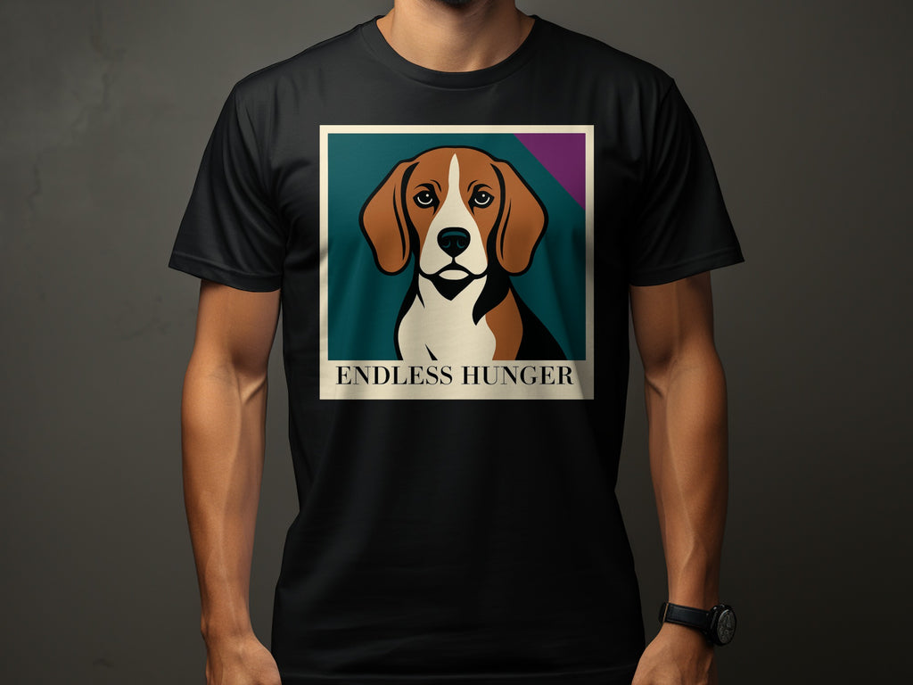 Black t-shirt with a beagle portrait and "ENDLESS HUNGER" text.