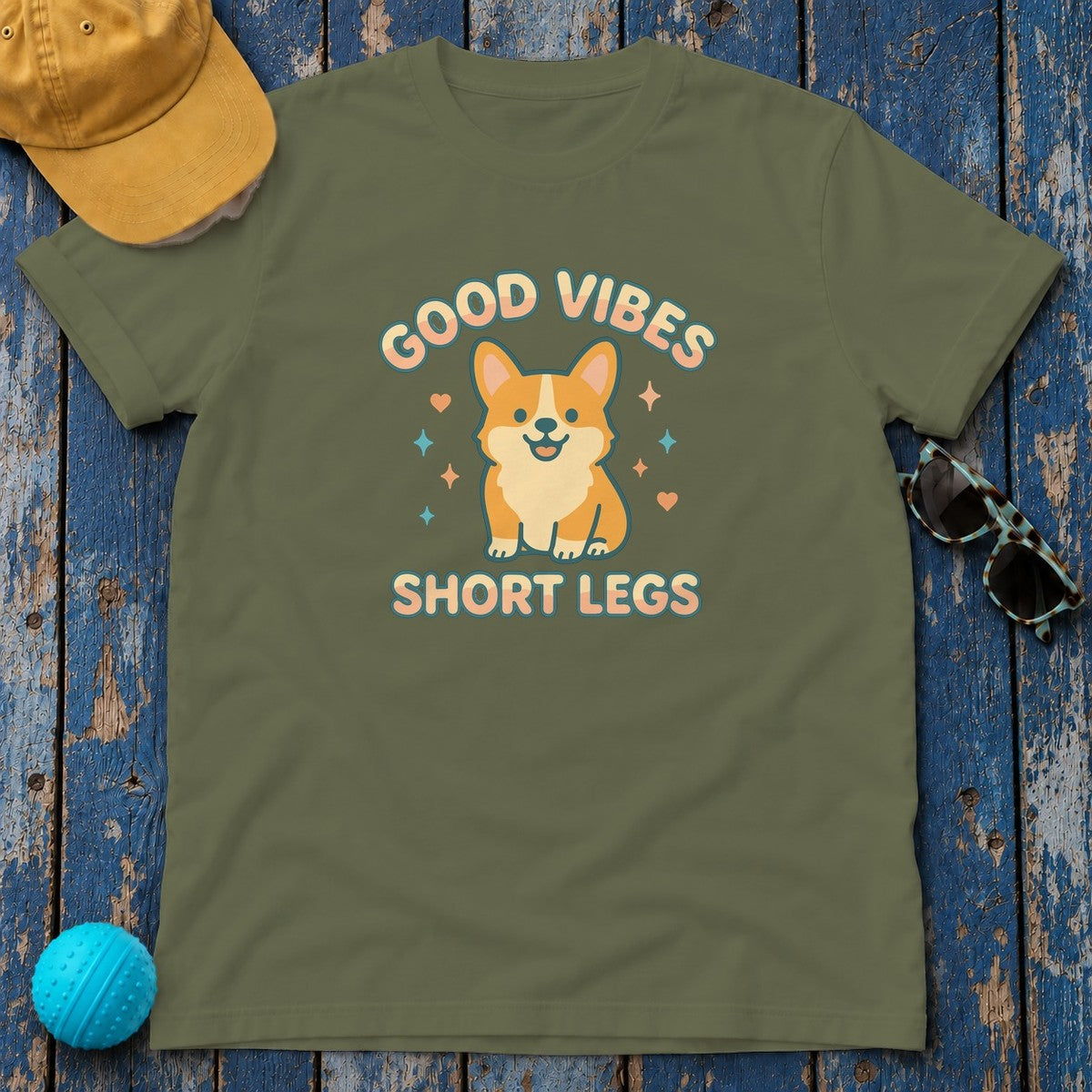 Corgi Dog Good Vibes And Short Legs Lovely Design T-Shirt in Military Green