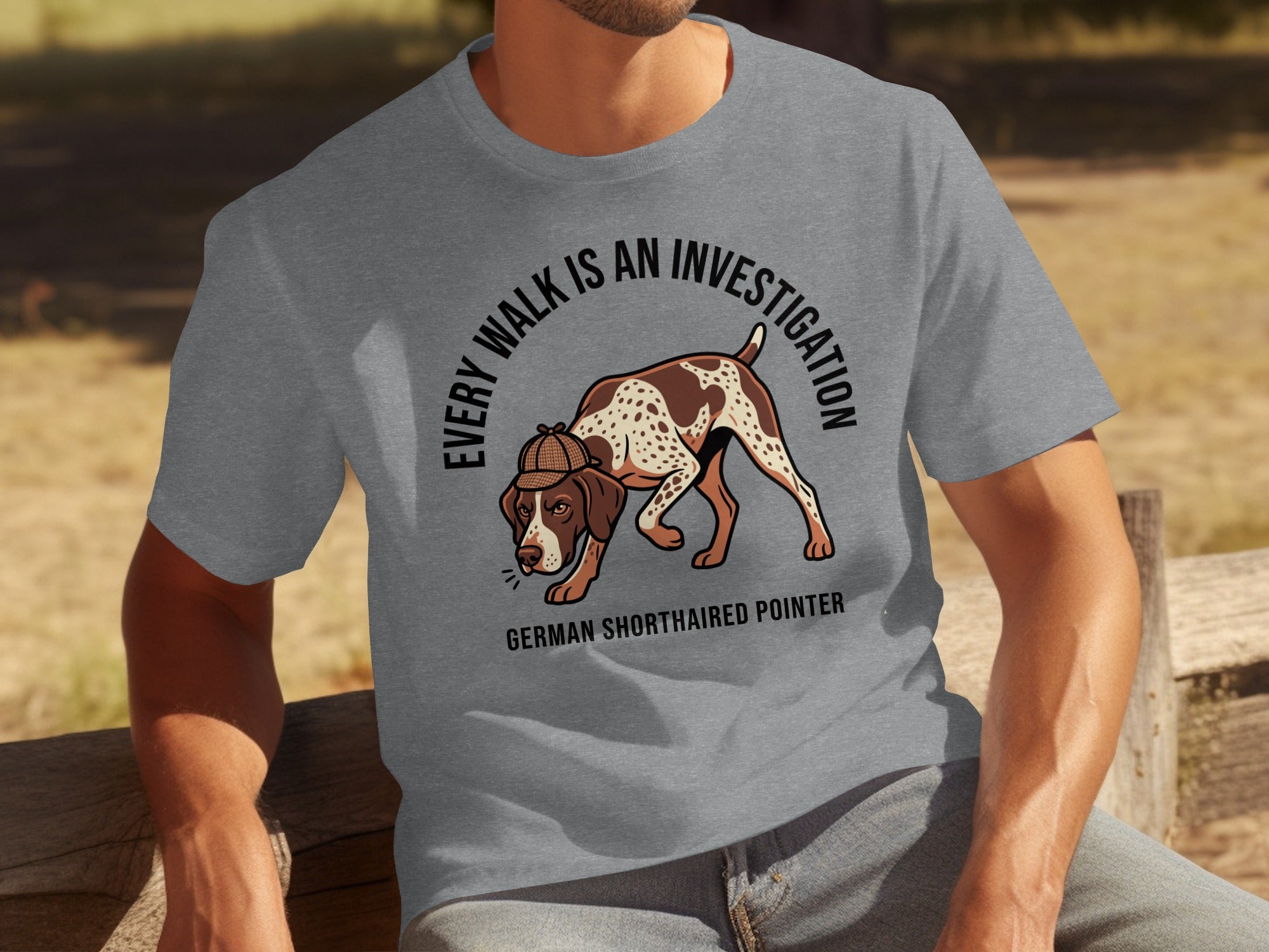 German Shorthaired Pointer wearing a detective hat, text "Every walk is an investigation".