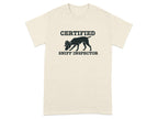 Cream t-shirt with "Certified Sniff Inspector" text and dog silhouette.